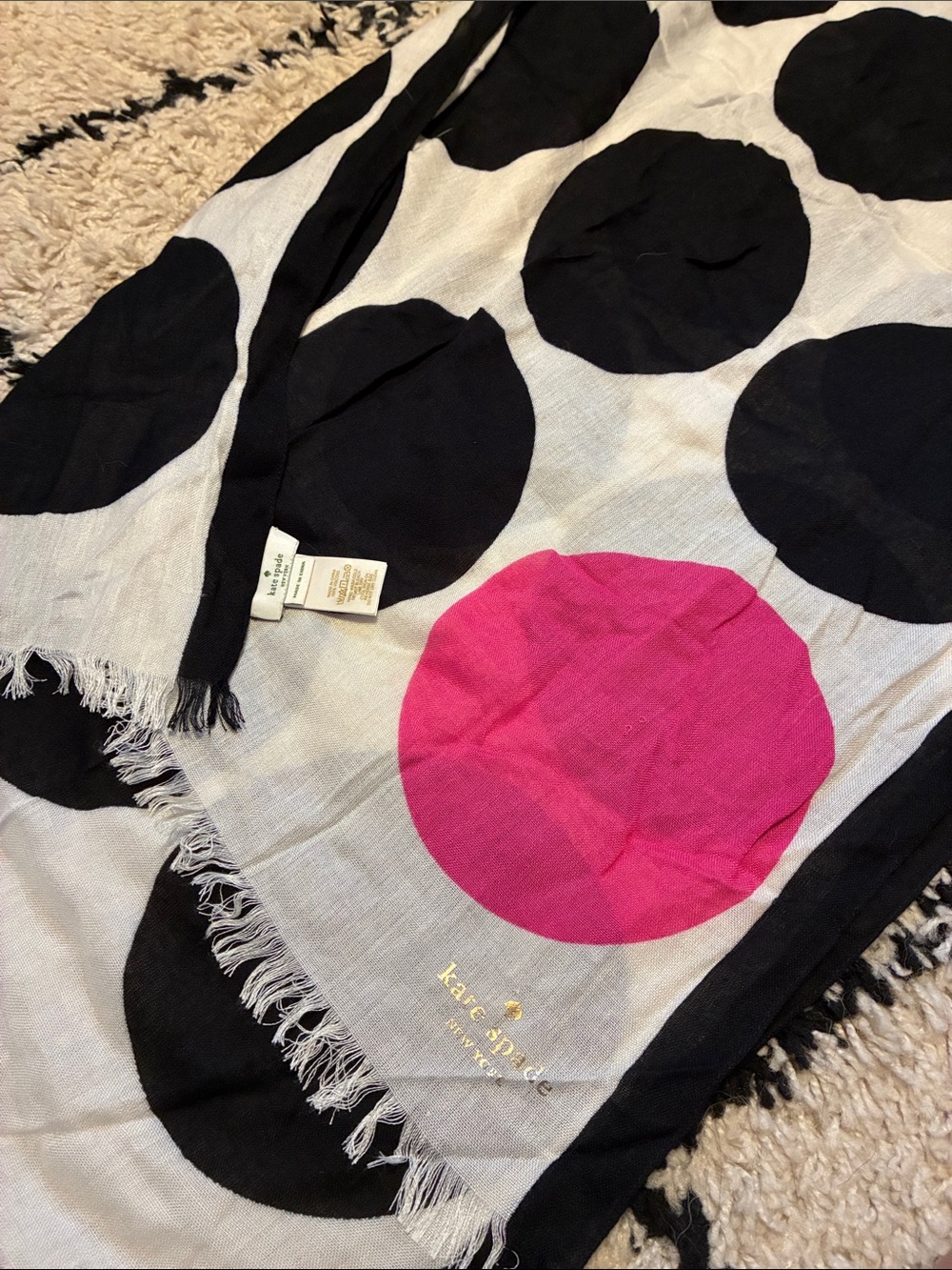kate spade Black and Hot Pink Polka Dot Fringe Scarf